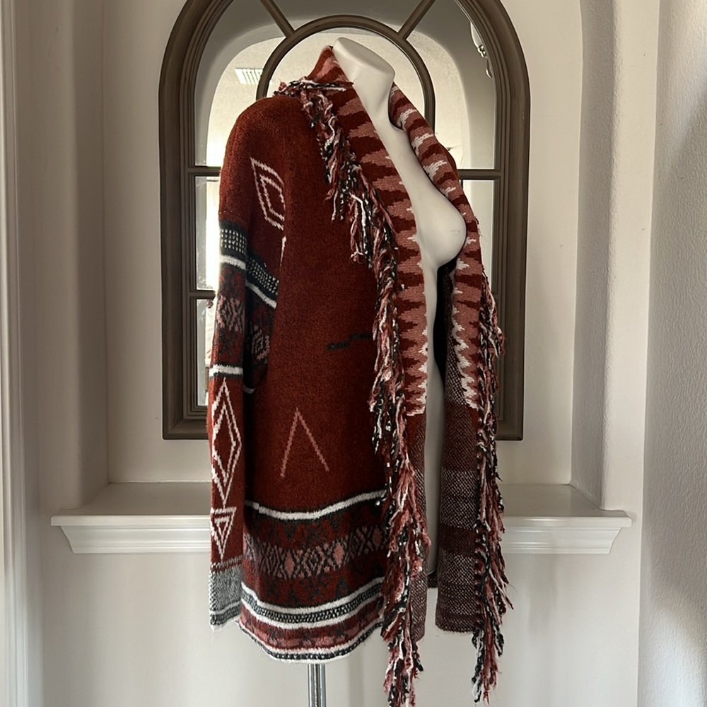 Doe & Rae Aztec Open Front Fringe Cardigan Sweater Brown Multi Size L EXCELLENT! - Picture 11 of 16
